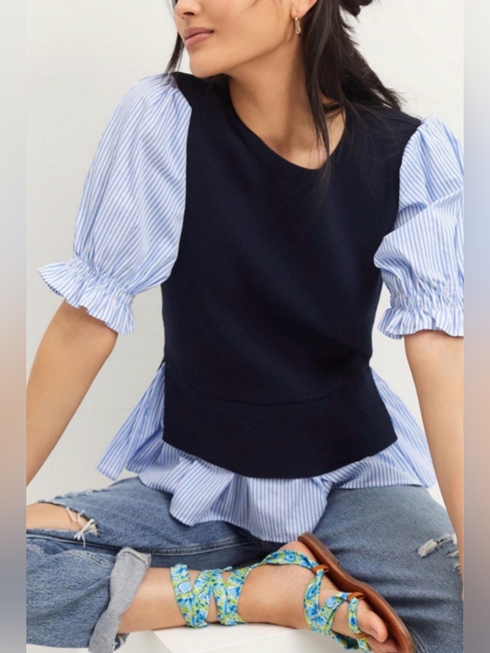 Anthropologie Blue and White Layered Poplin-Sleeve Sweater